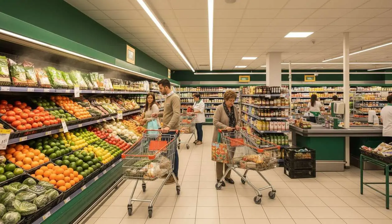 Interior de supermercado Mercadona lleno de clientes comprando productos frescos y de calidad en Espa&ntilde;a &mdash; Imagen generada por IA 