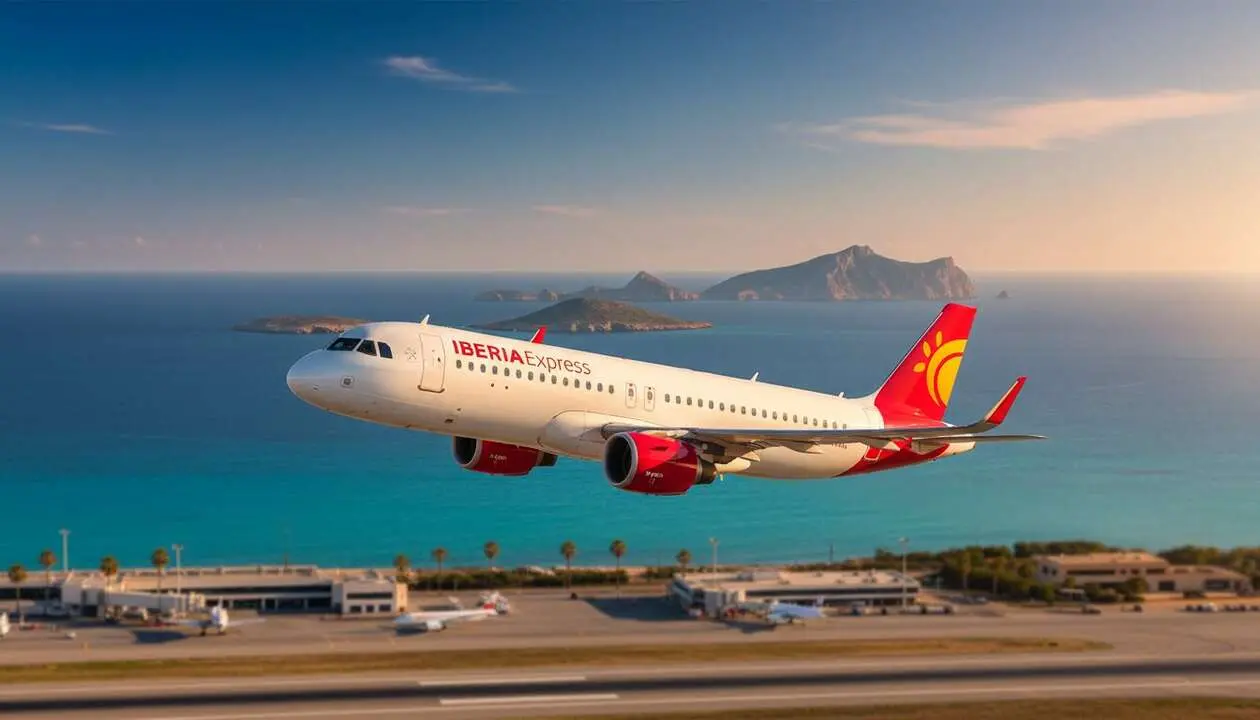  Avi&oacute;n de Iberia Express despegando rumbo a Baleares con ofertas desde 17 euros para vuelos econ&oacute;micos &mdash; Imagen generada por IA 