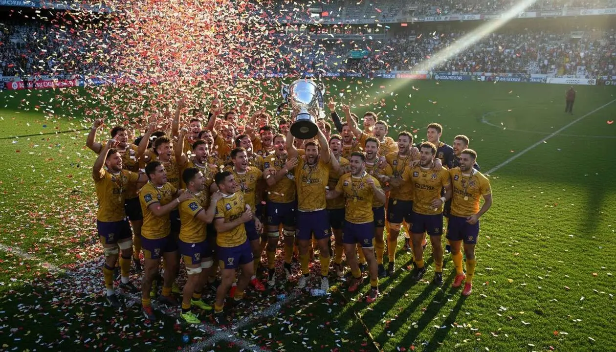  Jugadores de Alcobendas celebrando la victoria en la Copa del Rey de rugby tras un emocionante partido final &mdash; Imagen generada por IA 