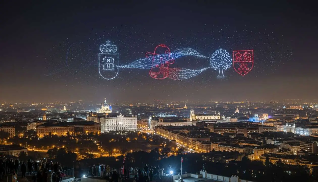  Espectacular show de drones en la Comunidad de Madrid celebrando el 2 de mayo con luces y tecnolog&iacute;a avanzada &mdash; Imagen generada por IA 