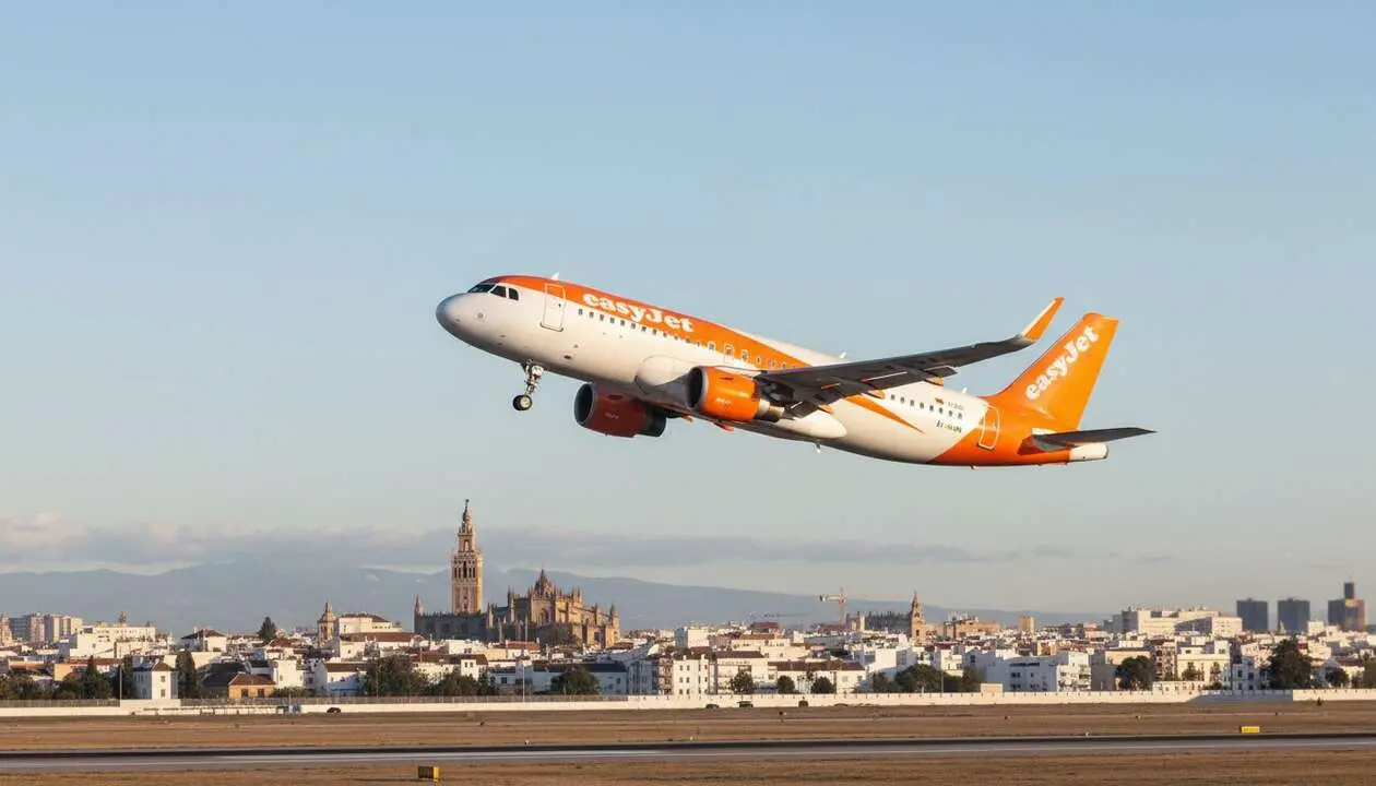  Avi&oacute;n de easyJet despegando en el aeropuerto de Sevilla rumbo a Hamburgo con vista al atardecer &mdash; Imagen generada por IA 