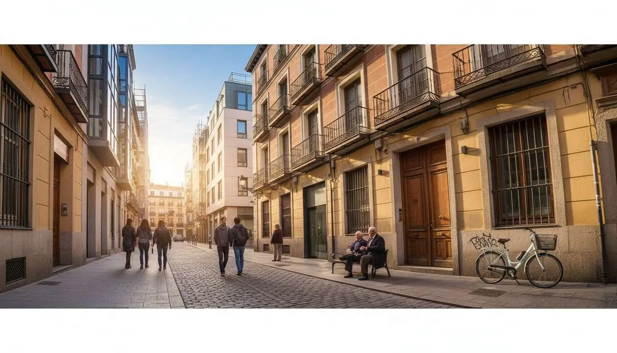  Calles t&iacute;picas de Madrid con edificios renovados que muestran la gentrificaci&oacute;n en barrios hist&oacute;ricos emblem&aacute;ticos &mdash; Imagen generada por IA 