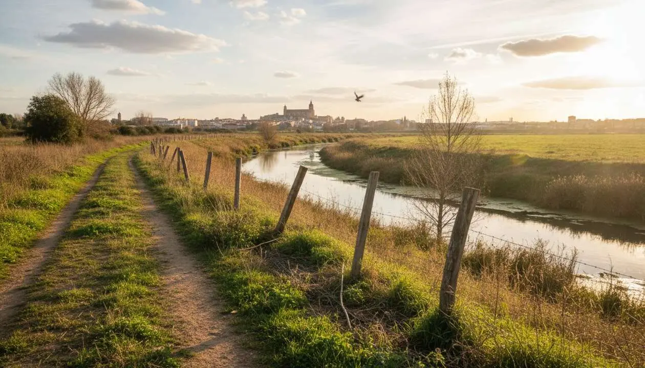  Vista a&eacute;rea de la v&iacute;a pecuaria en Alcal&aacute; de Henares con riesgo ambiental junto al r&iacute;o en alerta local &mdash; Imagen generada por IA 