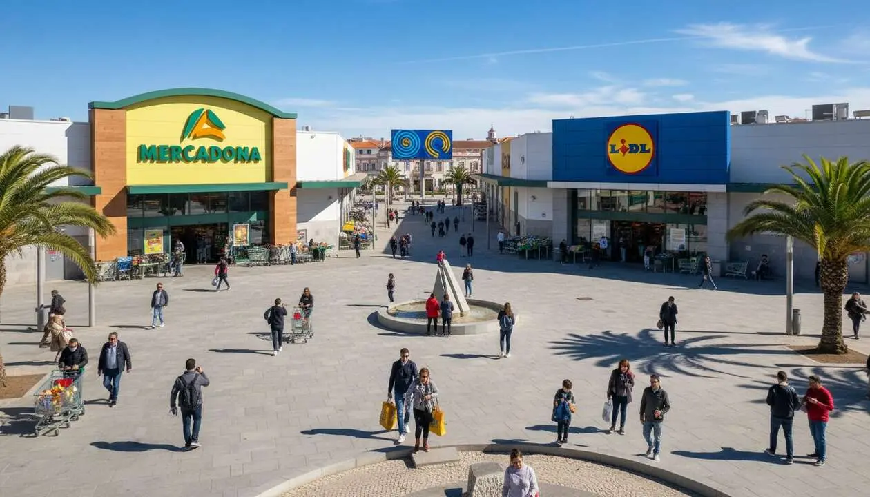  Comparativa entre Mercadona y Lidl en Portugal destacando la competencia en el mercado portugu&eacute;s actual &mdash; Imagen generada por IA 