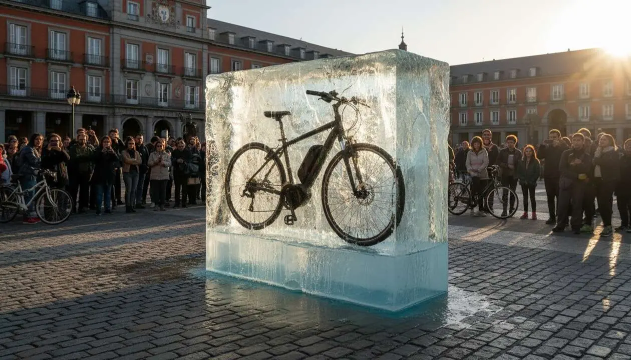  Decathlon en Madrid presenta su e-bike congelada en una acci&oacute;n viral que sorprende a todos los amantes del ciclismo urbano &mdash; Imagen generada por IA 