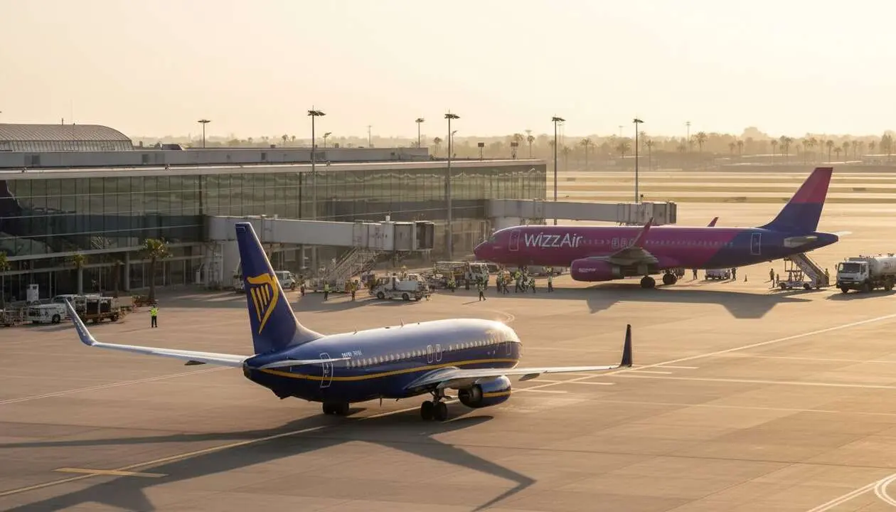  Avi&oacute;n de Ryanair perdiendo rutas en Espa&ntilde;a mientras Wizz Air gana terreno en el mercado a&eacute;reo espa&ntilde;ol &mdash; Imagen generada por IA 