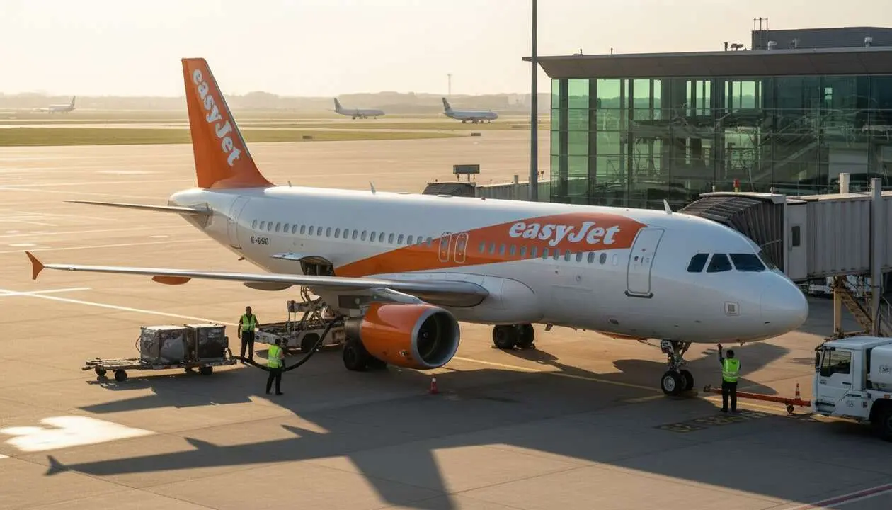  Avi&oacute;n de Easyjet despegando sin recargos adicionales pese al aumento del queroseno previsto para 2026 &mdash; Imagen generada por IA 