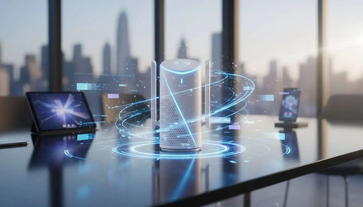  Router WiFi 7 de Movistar l&iacute;der en tecnolog&iacute;a avanzada para conexi&oacute;n r&aacute;pida y estable en hogares y oficinas &mdash; Imagen generada por IA 