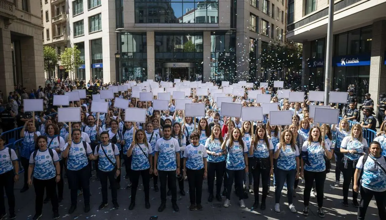  Empleados de CaixaBank protestan por presi&oacute;n comercial insostenible durante crisis bancaria actual &mdash; Imagen generada por IA 