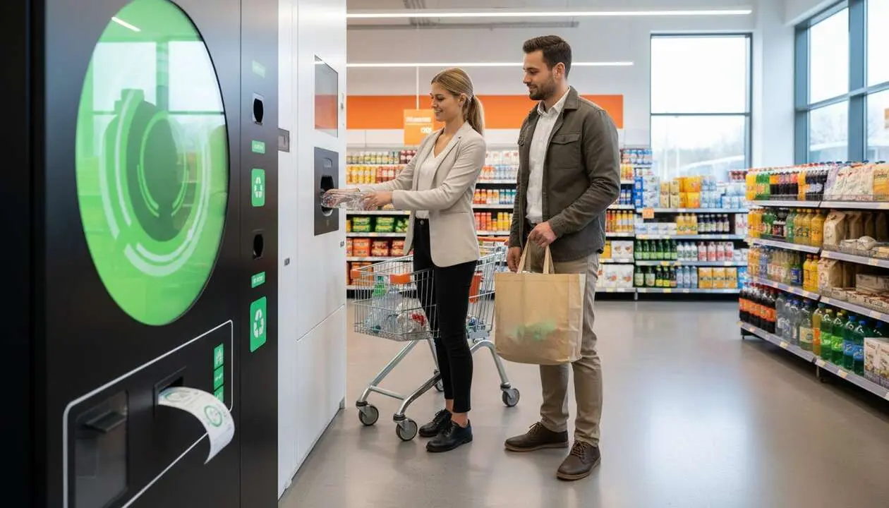  Cliente devolviendo botella en supermercado Mercadona en iniciativa de pago por reciclaje en 72 establecimientos &mdash; Imagen generada por IA 