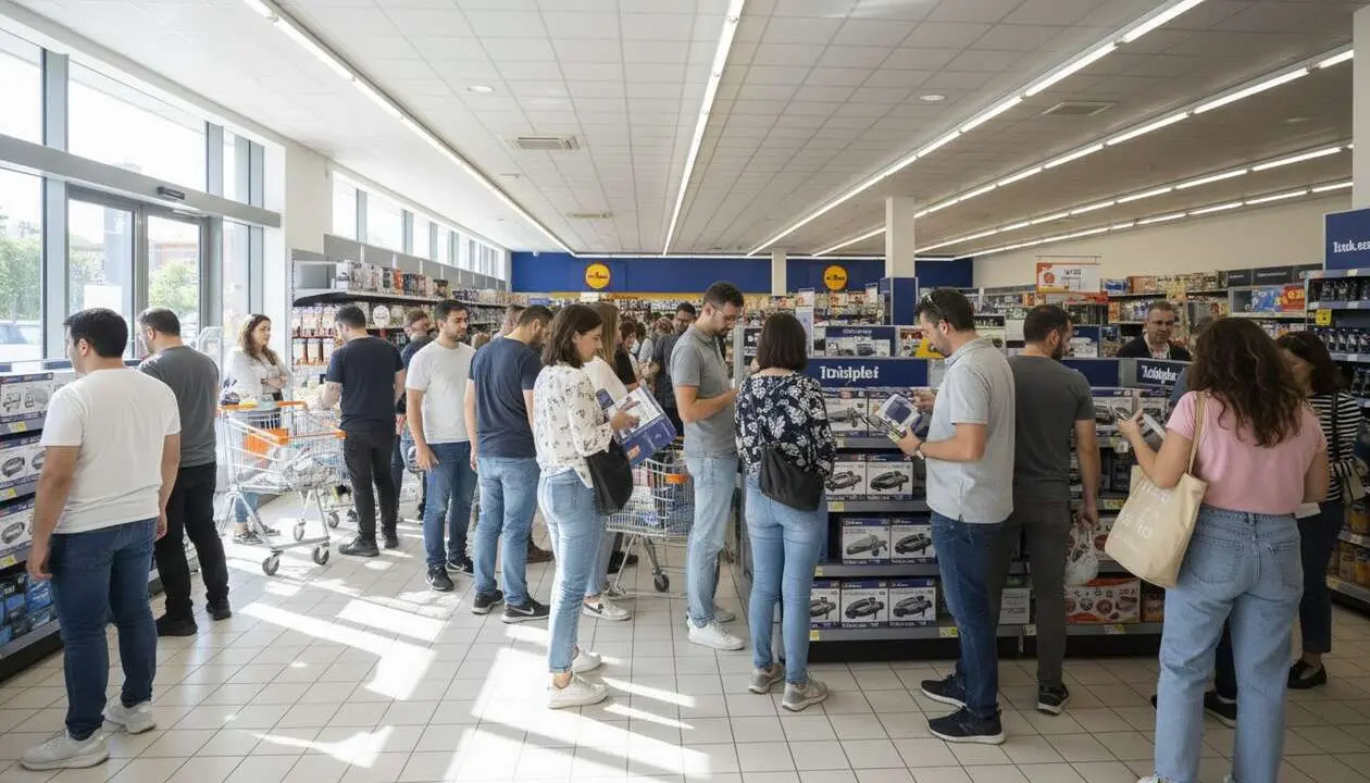  Clientes haciendo cola en Lidl para comprar el aparato de diagnosis casero que revoluciona talleres mec&aacute;nicos &mdash; Imagen generada por IA 