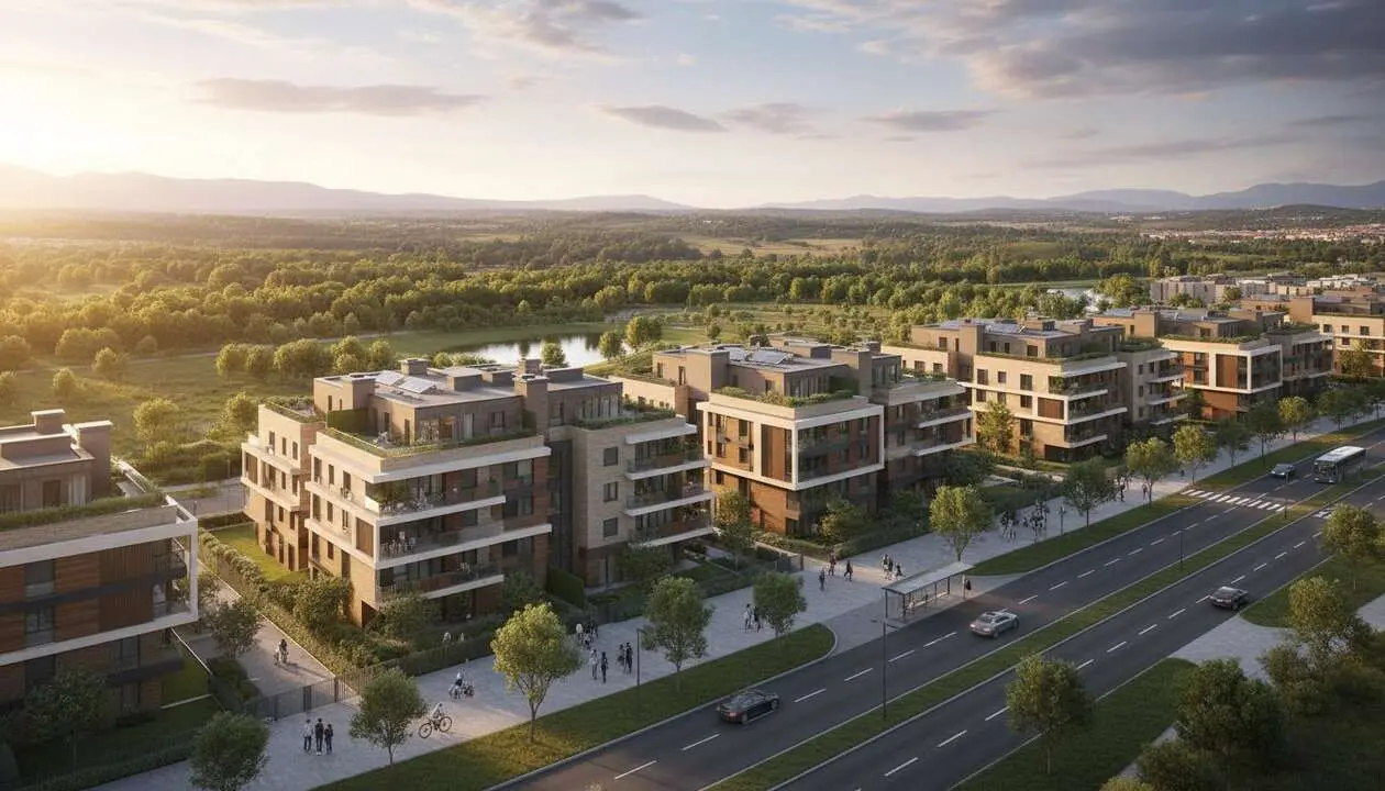  Vista panor&aacute;mica de Tres Cantos mostrando sus &aacute;reas residenciales y espacios verdes en la Comunidad de Madrid &mdash; Imagen generada por IA 