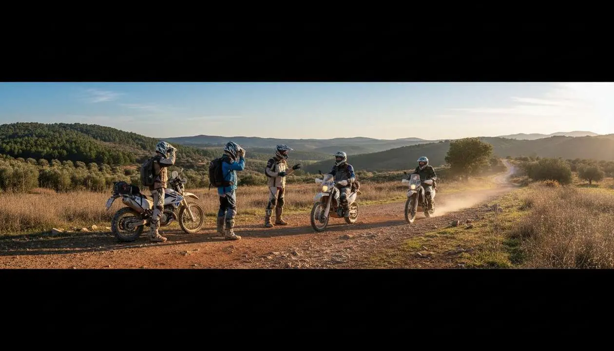  Motociclista de campo protegido por AMV celebra 50 a&ntilde;os de experiencia y seguridad en terrenos rurales &mdash; Imagen generada por IA 