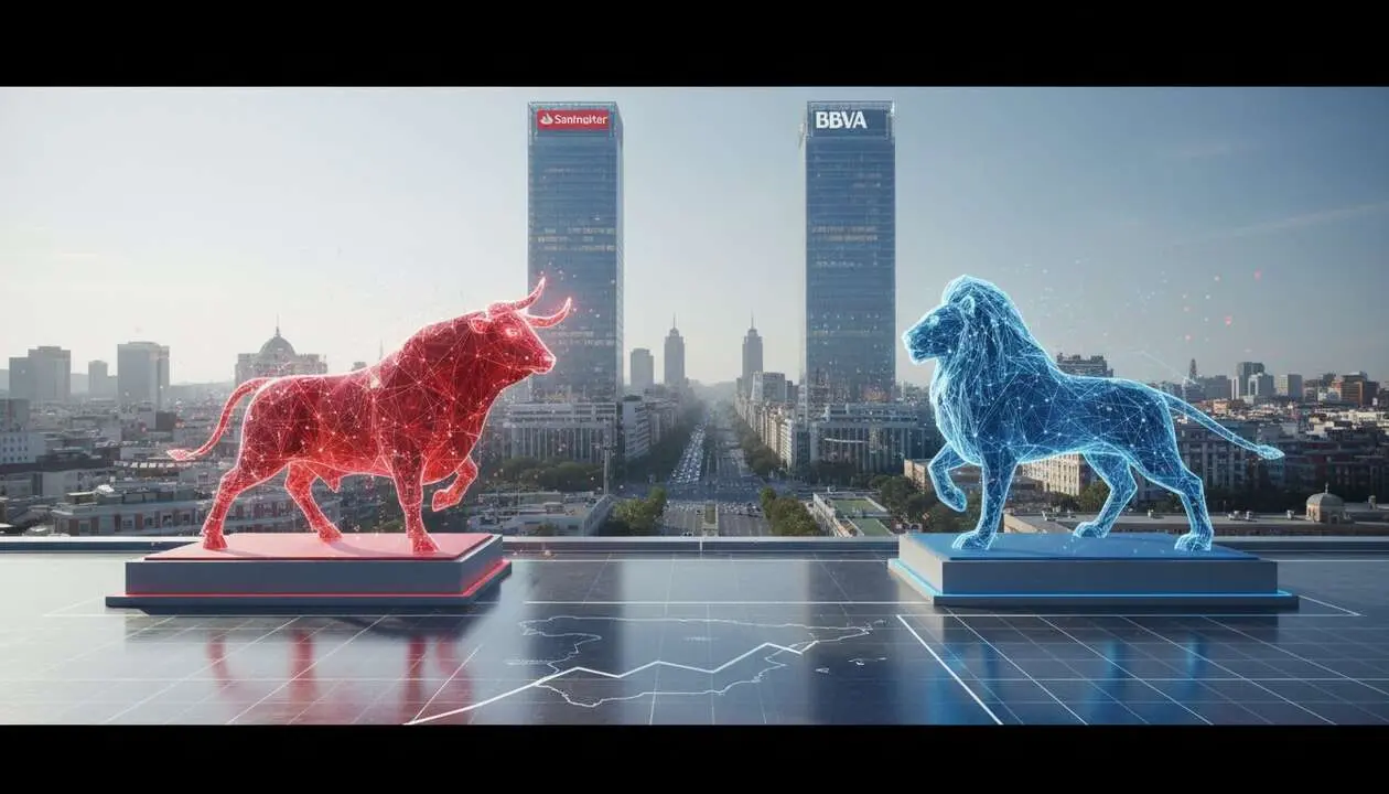  Comparativa entre Banco Santander y BBVA para determinar qu&eacute; banco liderar&aacute; el Ibex 35 en el futuro pr&oacute;ximo &mdash; Imagen generada por IA 