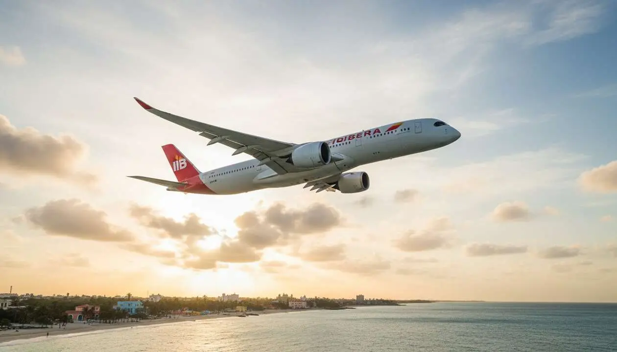  Avi&oacute;n de Iberia despegando con destino a Cuba en verano 2026 mostrando los cambios clave en vuelos internacionales &mdash; Imagen generada por IA 