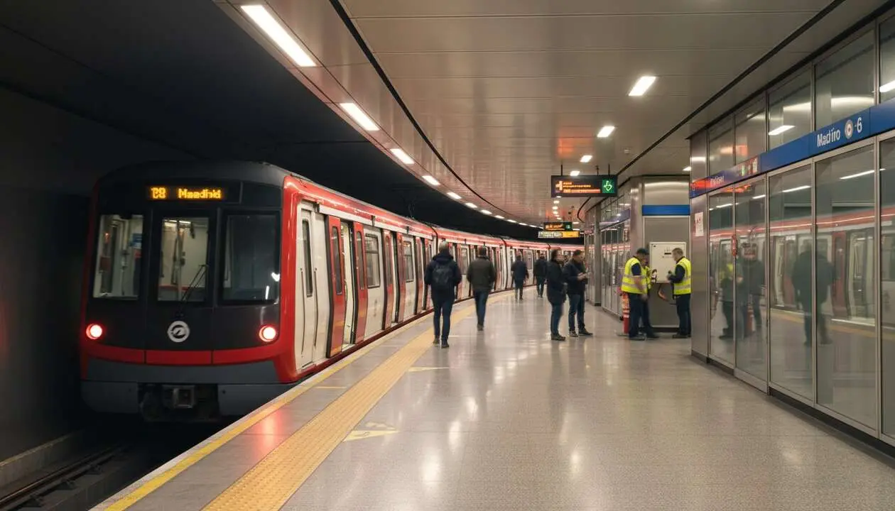 Tren de la L&iacute;nea 6 del Metro de Madrid circulando por estaci&oacute;n emblem&aacute;tica con mapa actualizado visible &mdash; Imagen generada por IA 