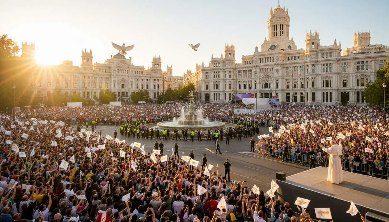  El Papa en Madrid 2026 celebrando eventos religiosos con programa y opciones de movilidad detalladas &mdash; Imagen generada por IA 