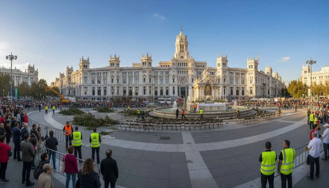  Almeida retira &aacute;rboles en la plaza de Cibeles para preparar una misa hist&oacute;rica y las razones detr&aacute;s de la decisi&oacute;n &mdash; Imagen generada por IA 