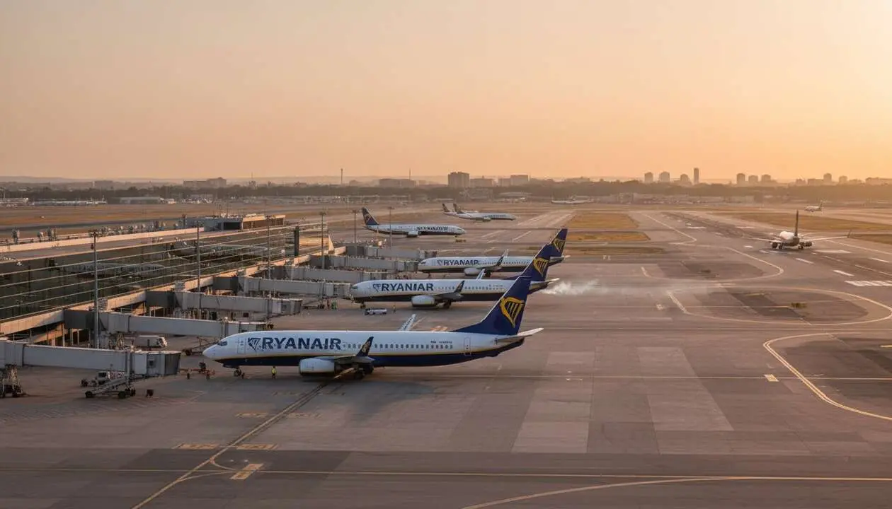  Avi&oacute;n de Ryanair en aeropuerto espa&ntilde;ol listo para expandir operaciones si bajan las tasas aeroportuarias &mdash; Imagen generada por IA 