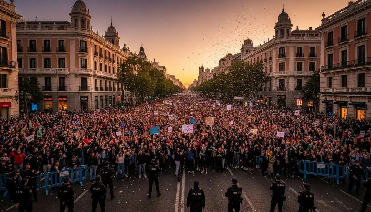  Manifestantes protestando contra el modelo de sanidad p&uacute;blica de Ayuso en Madrid en una manifestaci&oacute;n reciente &mdash; Imagen generada por IA 