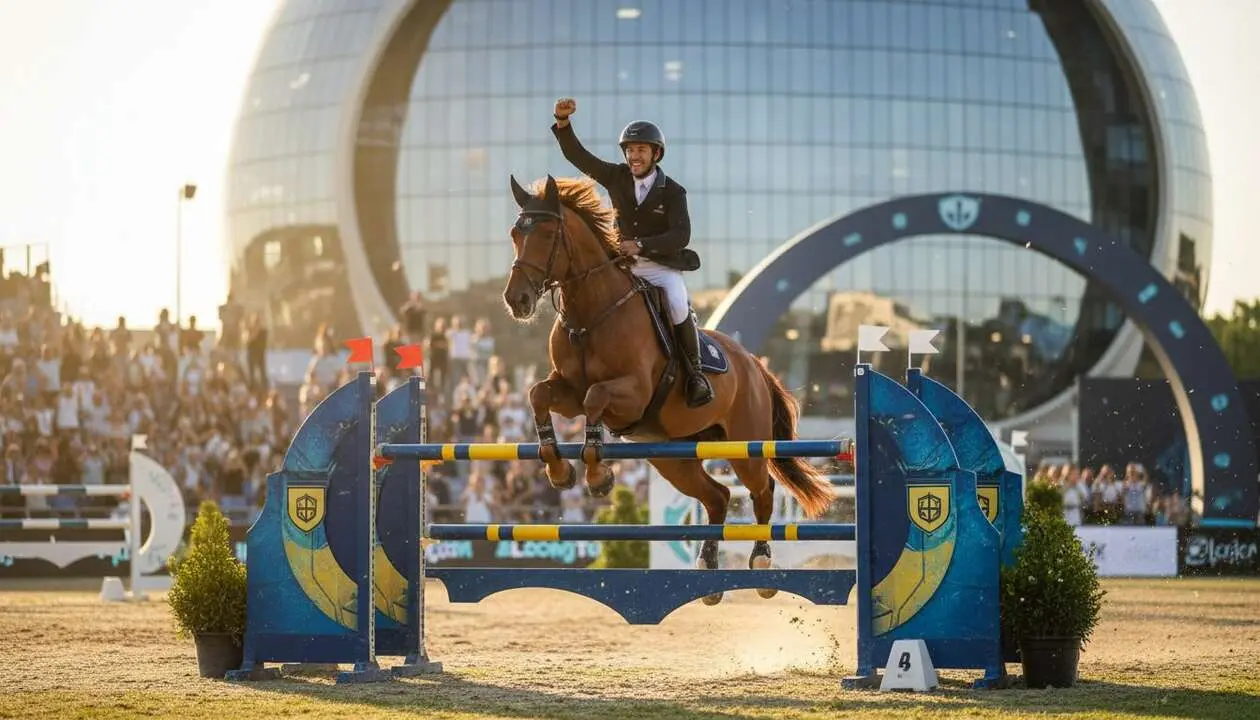  Iv&aacute;n Serrano celebrando su victoria en el GP Verisure, evento que une deporte y seguridad con patrocinio destacado &mdash; Imagen generada por IA 