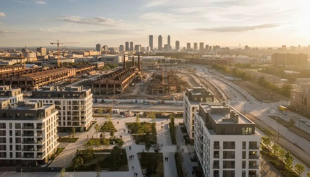  Transformaci&oacute;n del suelo industrial en Madrid con el plan Almeida para nuevas viviendas sostenibles &mdash; Imagen generada por IA 