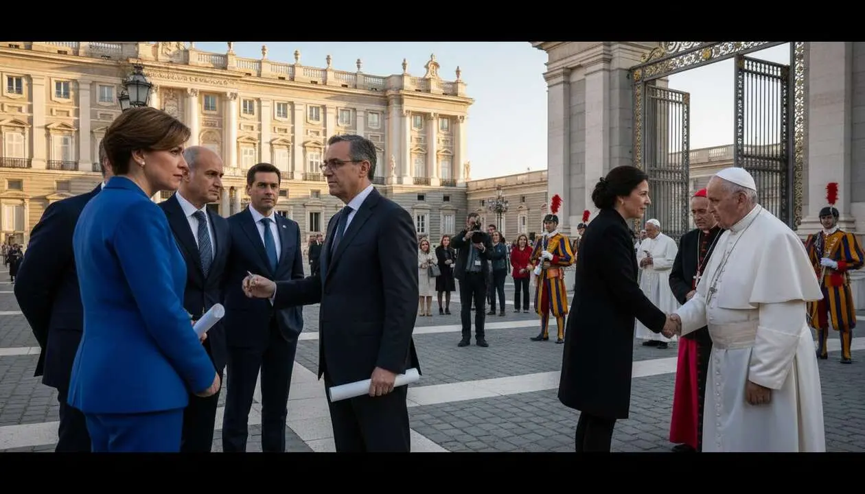  Ayuso y el Papa en Madrid durante una reuni&oacute;n tensa que genera opiniones divididas y debate p&uacute;blico &mdash; Imagen generada por IA 