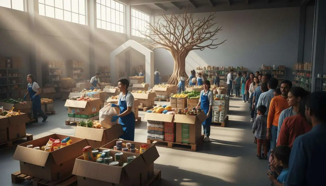  Voluntarios de CaixaBank repartiendo alimentos en la s&eacute;ptima campa&ntilde;a Ning&uacute;n hogar sin alimentos en Espa&ntilde;a &mdash; Imagen generada por IA 