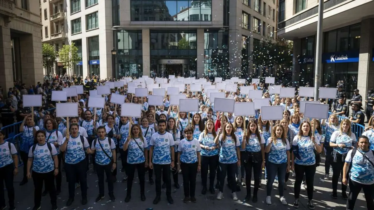  Empleados de CaixaBank protestan por presi&oacute;n comercial insostenible durante crisis bancaria actual &mdash; Imagen generada por IA 