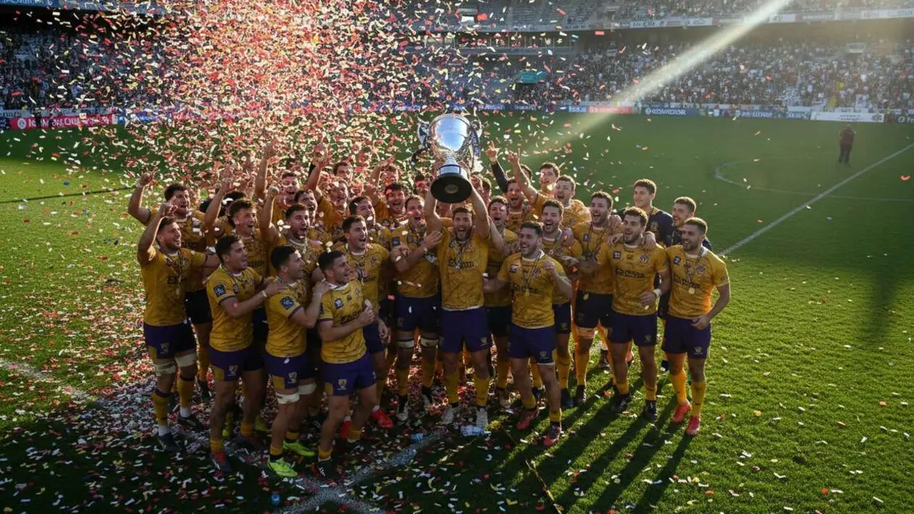 Jugadores de Alcobendas celebrando la victoria en la Copa del Rey de rugby tras un emocionante partido final &mdash; Imagen generada por IA 