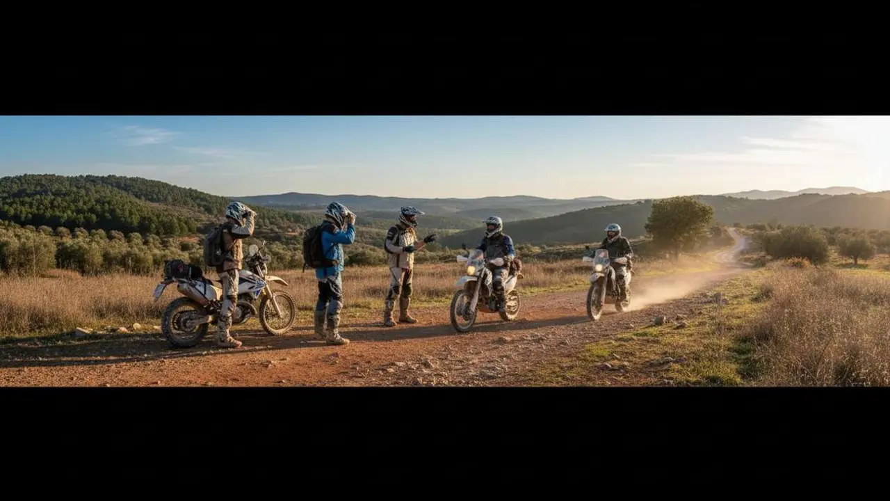  Motociclista de campo protegido por AMV celebra 50 a&ntilde;os de experiencia y seguridad en terrenos rurales &mdash; Imagen generada por IA 