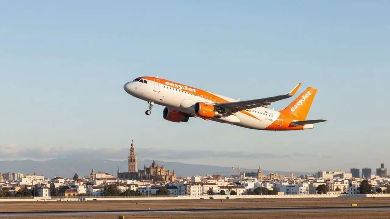  Avi&oacute;n de easyJet despegando en el aeropuerto de Sevilla rumbo a Hamburgo con vista al atardecer &mdash; Imagen generada por IA 