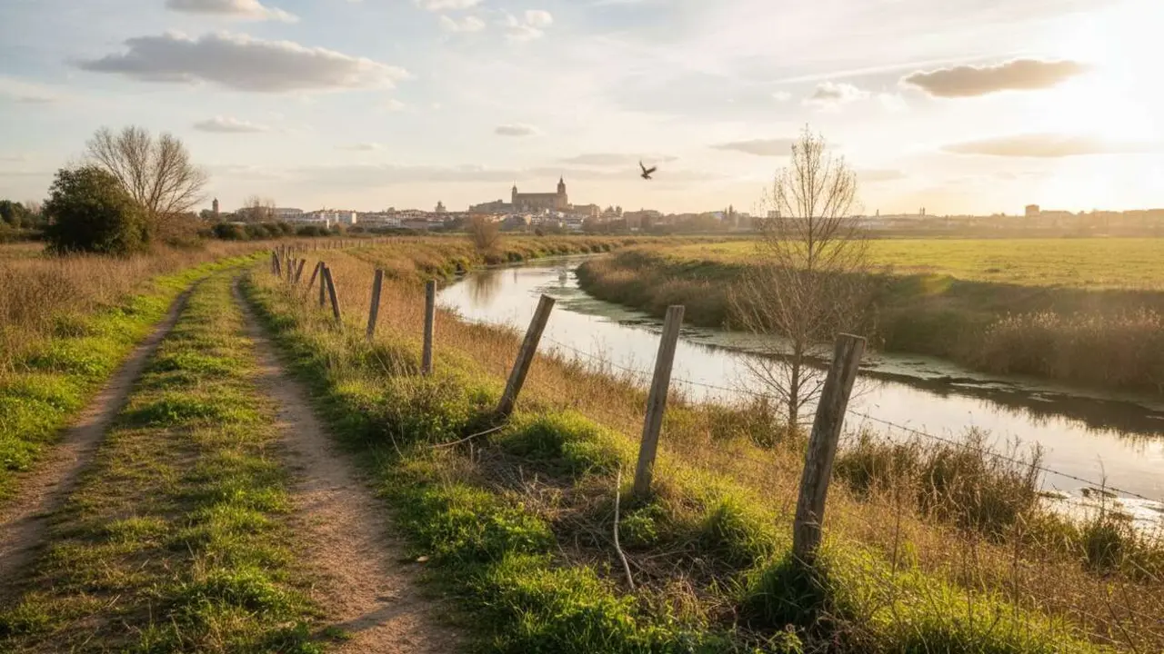  Vista a&eacute;rea de la v&iacute;a pecuaria en Alcal&aacute; de Henares con riesgo ambiental junto al r&iacute;o en alerta local &mdash; Imagen generada por IA 