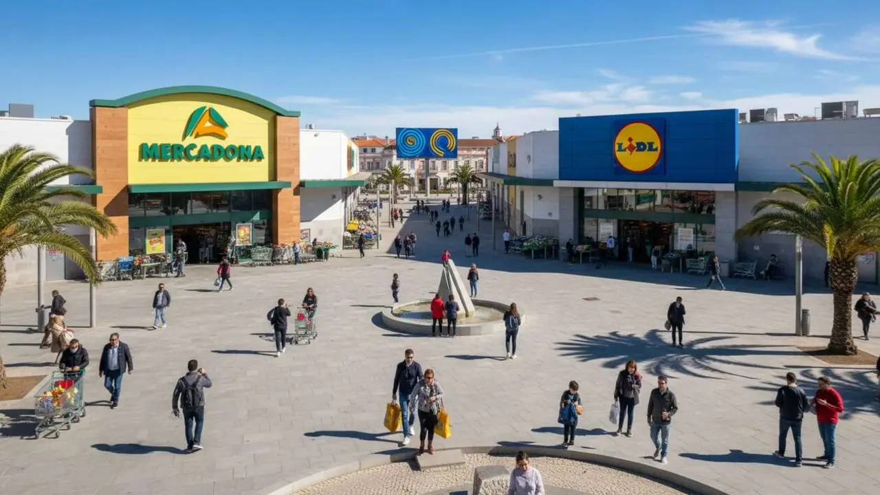  Comparativa entre Mercadona y Lidl en Portugal destacando la competencia en el mercado portugu&eacute;s actual &mdash; Imagen generada por IA 