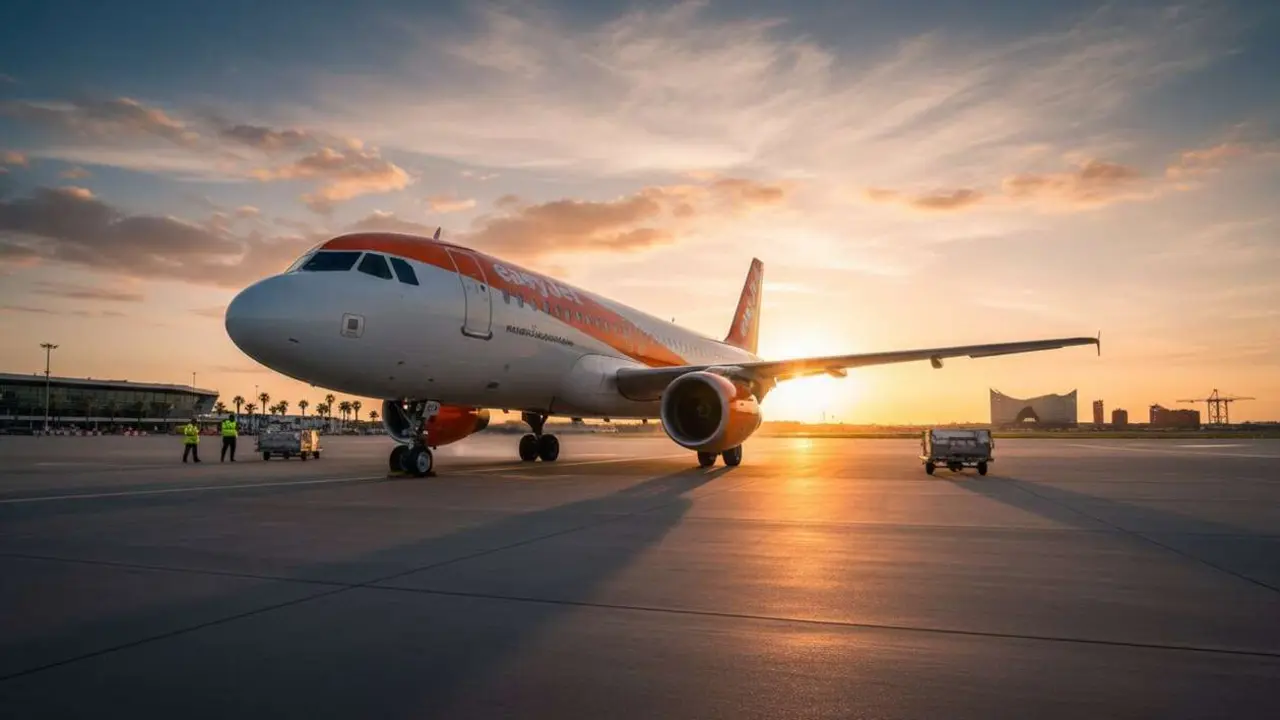 Avi&oacute;n de EasyJet despegando en el aeropuerto de Sevilla con destino directo a Hamburgo desde octubre 2026 &mdash; Imagen generada por IA 