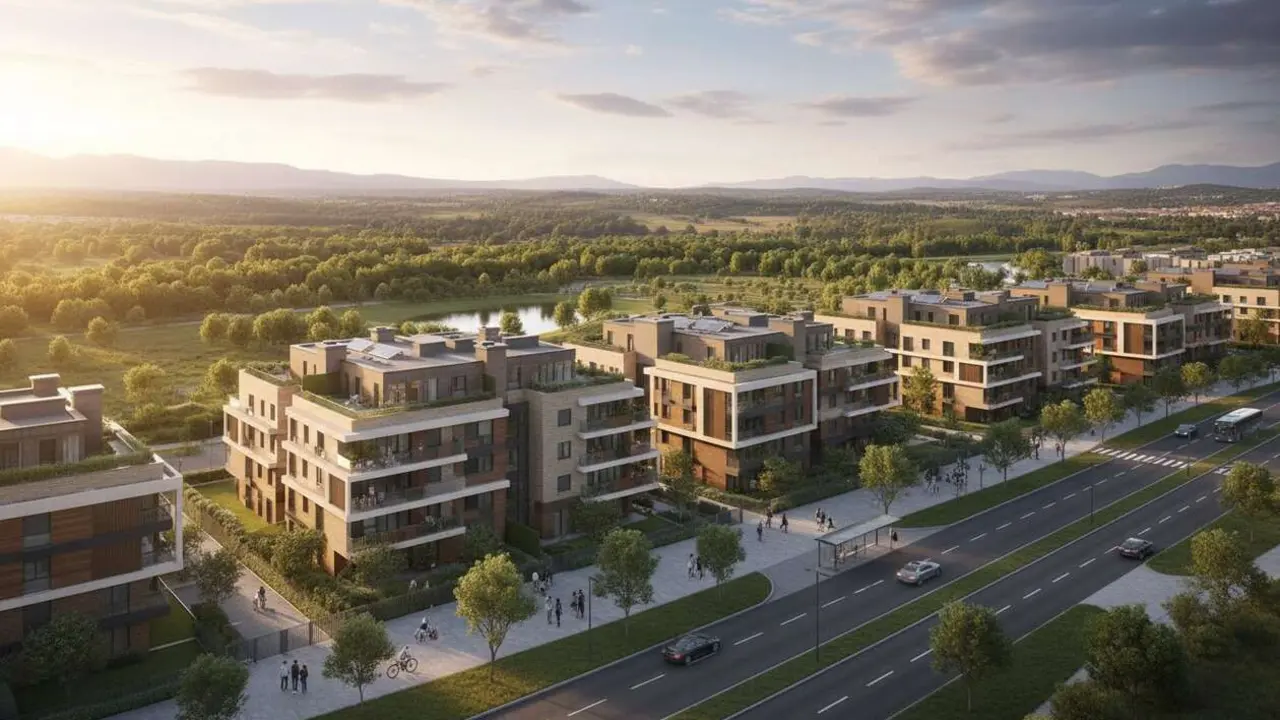  Vista panor&aacute;mica de Tres Cantos mostrando sus &aacute;reas residenciales y espacios verdes en la Comunidad de Madrid &mdash; Imagen generada por IA 