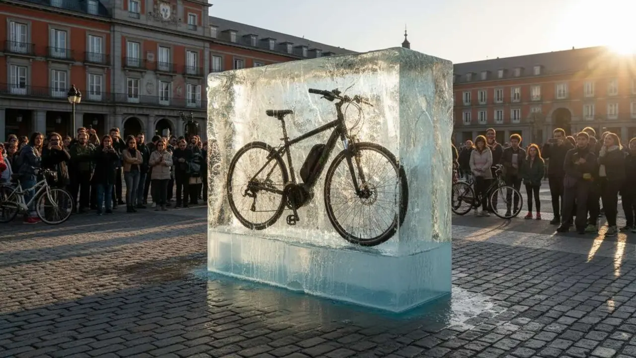  Decathlon en Madrid presenta su e-bike congelada en una acci&oacute;n viral que sorprende a todos los amantes del ciclismo urbano &mdash; Imagen generada por IA 