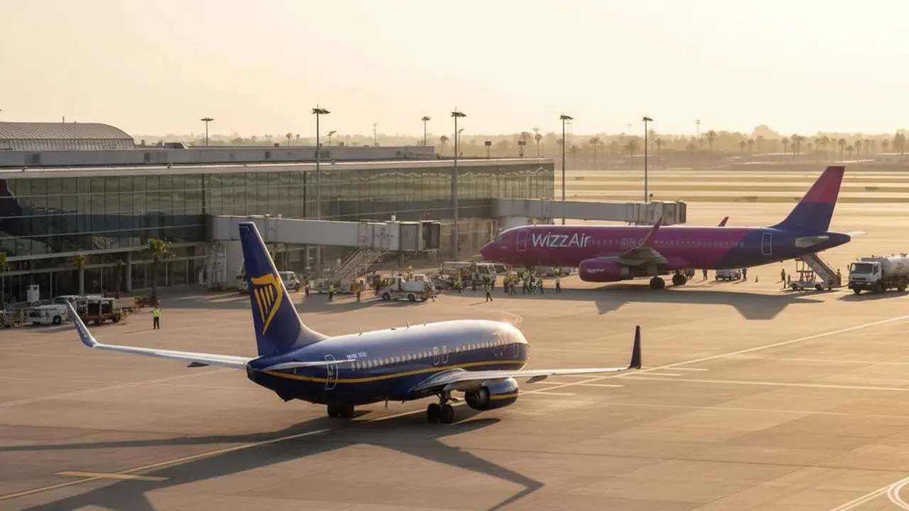  Avi&oacute;n de Ryanair perdiendo rutas en Espa&ntilde;a mientras Wizz Air gana terreno en el mercado a&eacute;reo espa&ntilde;ol &mdash; Imagen generada por IA 