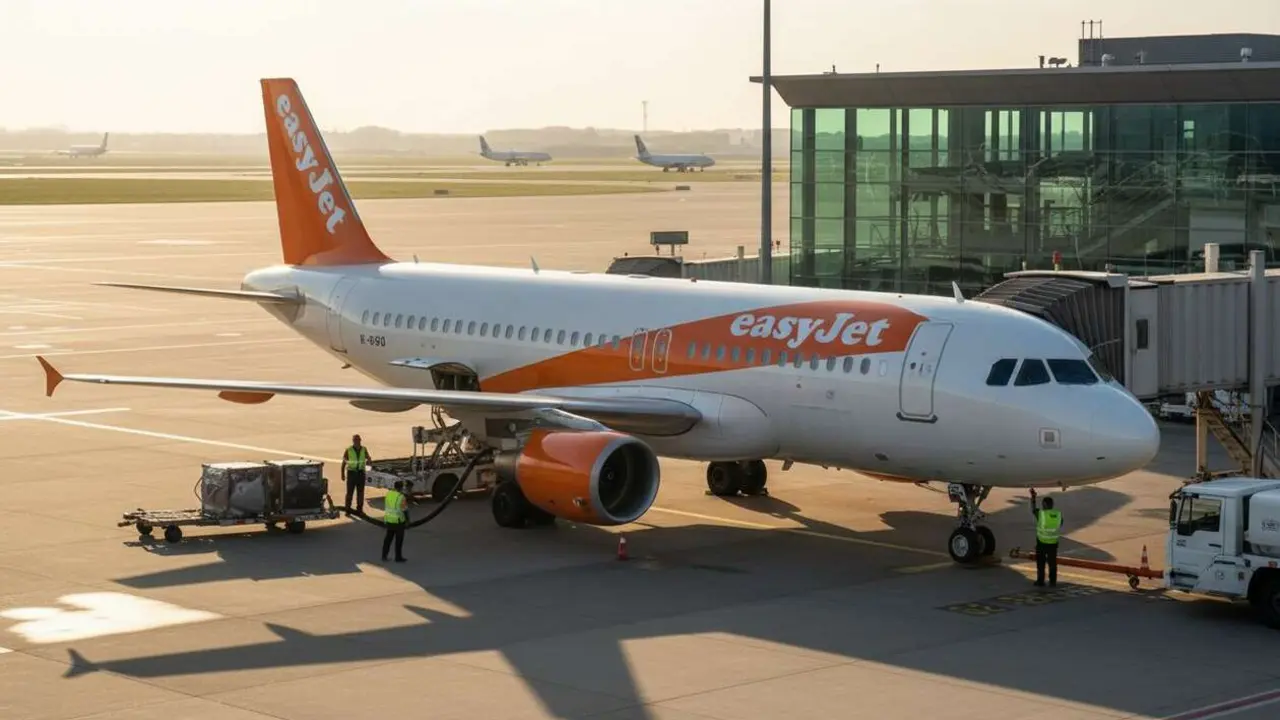  Avi&oacute;n de Easyjet despegando sin recargos adicionales pese al aumento del queroseno previsto para 2026 &mdash; Imagen generada por IA 