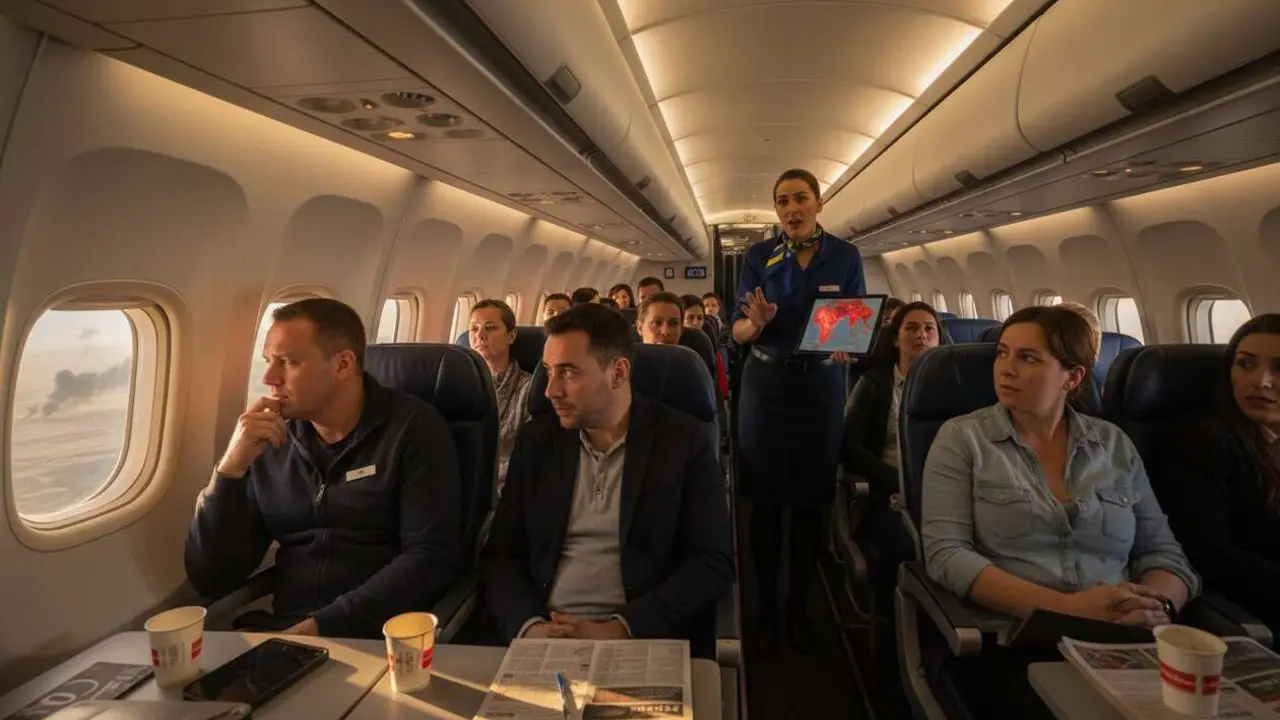  Avi&oacute;n de Ryanair despegando con fondo de conflicto en Ir&aacute;n y ca&iacute;da en ofertas de vuelos baratos &mdash; Imagen generada por IA 