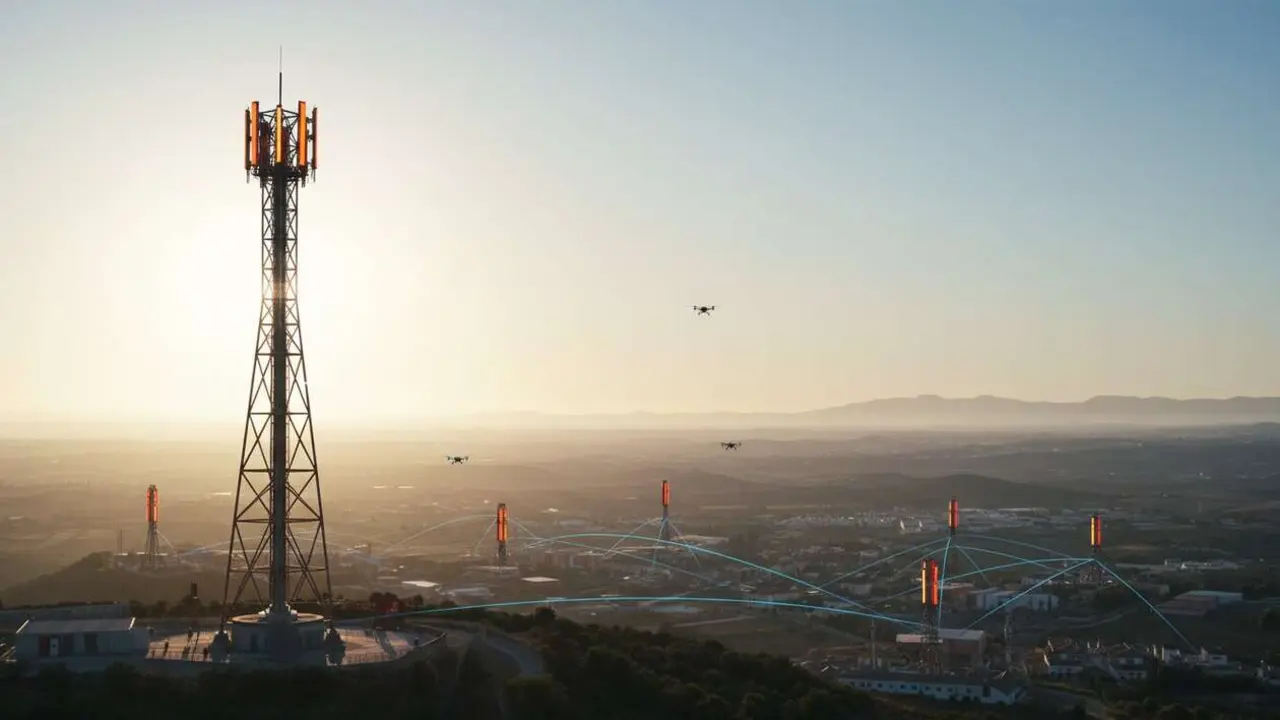  Cobertura m&oacute;vil mejorada en Espa&ntilde;a con las innovaciones de Orange y Vodafone en redes y tecnolog&iacute;a 5G &mdash; Imagen generada por IA 