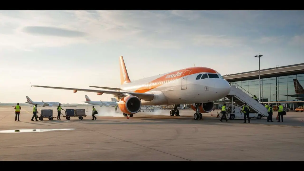  Avi&oacute;n de Easyjet volando mientras enfrentan alza del queroseno y posible subida de precios en vuelos pr&oacute;ximos &mdash; Imagen generada por IA 