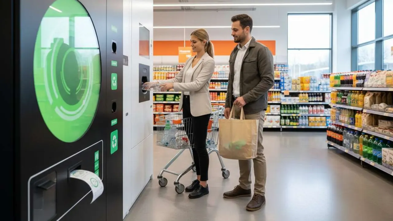  Cliente devolviendo botella en supermercado Mercadona en iniciativa de pago por reciclaje en 72 establecimientos &mdash; Imagen generada por IA 