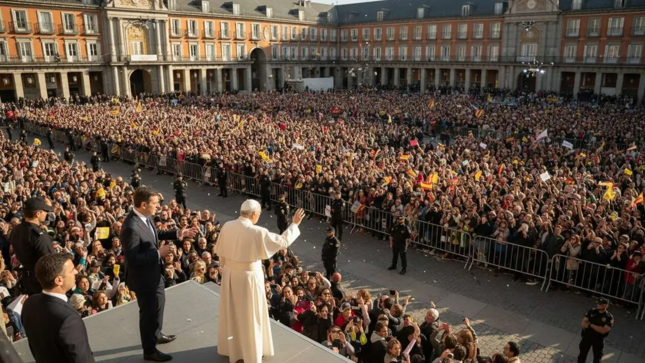  Almeida supervisa medidas de seguridad m&aacute;xima en Madrid durante la hist&oacute;rica visita del papa Le&oacute;n XIV &mdash; Imagen generada por IA 