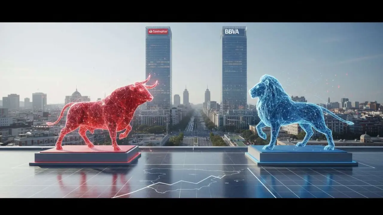  Comparativa entre Banco Santander y BBVA para determinar qu&eacute; banco liderar&aacute; el Ibex 35 en el futuro pr&oacute;ximo &mdash; Imagen generada por IA 