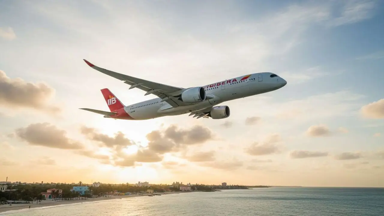  Avi&oacute;n de Iberia despegando con destino a Cuba en verano 2026 mostrando los cambios clave en vuelos internacionales &mdash; Imagen generada por IA 