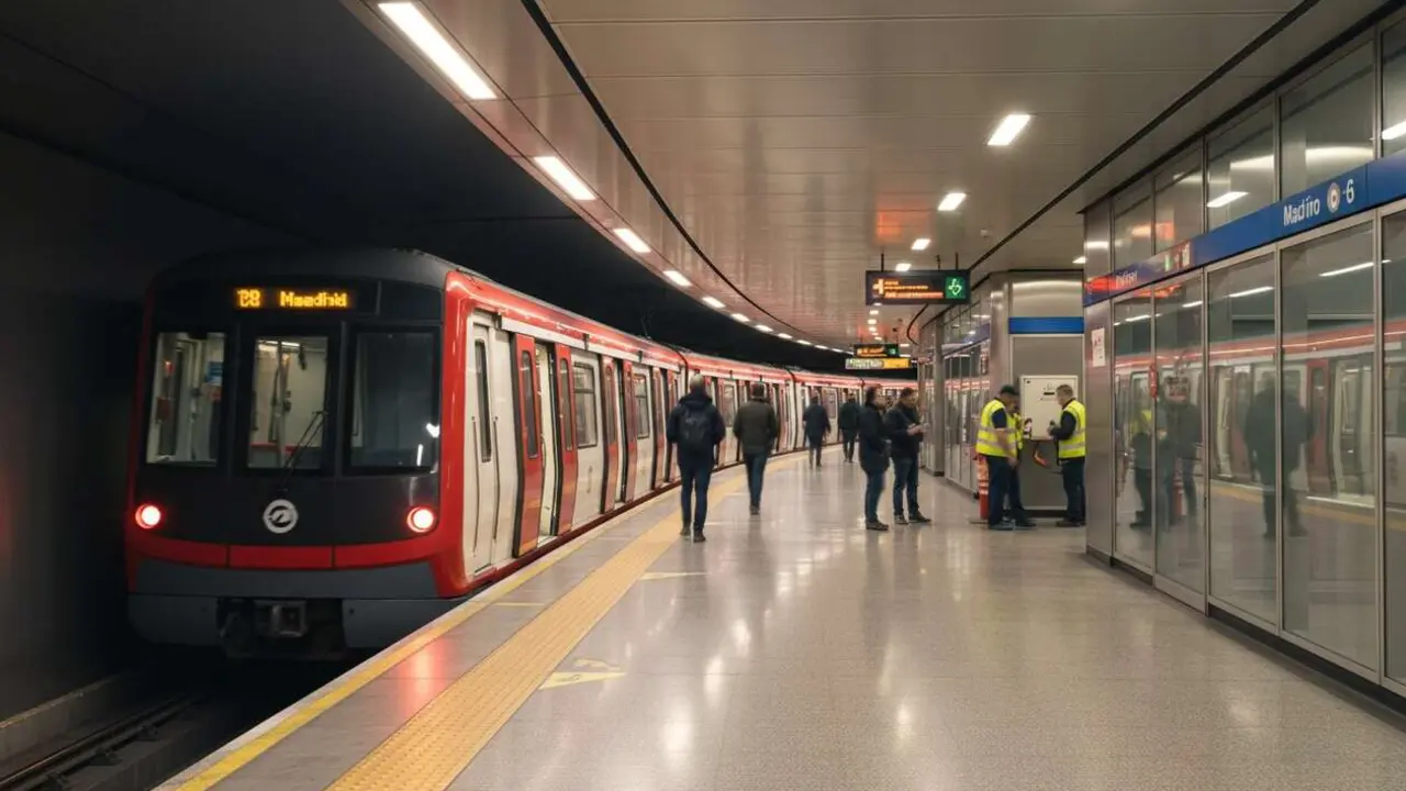  Tren de la L&iacute;nea 6 del Metro de Madrid circulando por estaci&oacute;n emblem&aacute;tica con mapa actualizado visible &mdash; Imagen generada por IA 