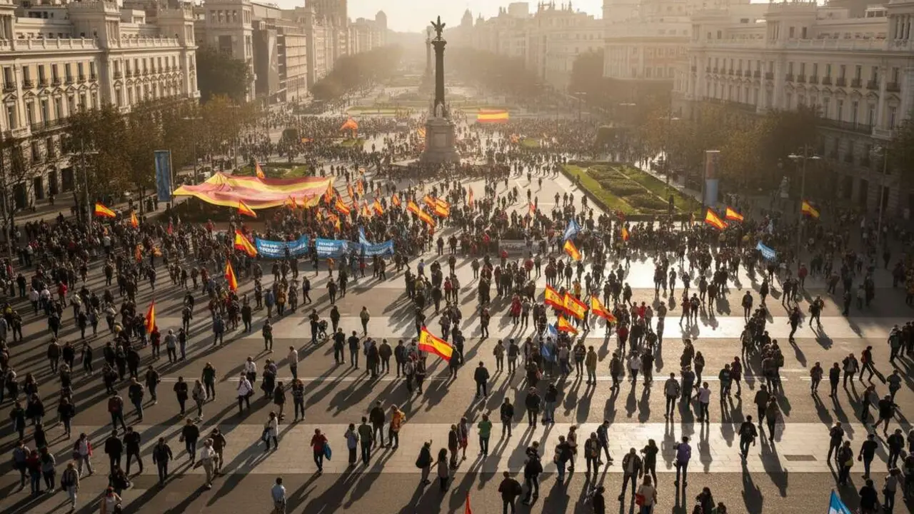  Manifestaci&oacute;n masiva en Madrid con miles de simpatizantes del PP y Vox contra el Gobierno de S&aacute;nchez &mdash; Imagen generada por IA 