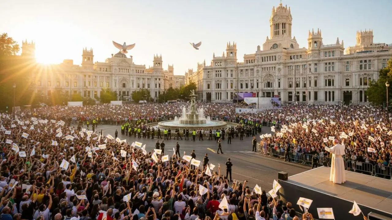  El Papa en Madrid 2026 celebrando eventos religiosos con programa y opciones de movilidad detalladas &mdash; Imagen generada por IA 