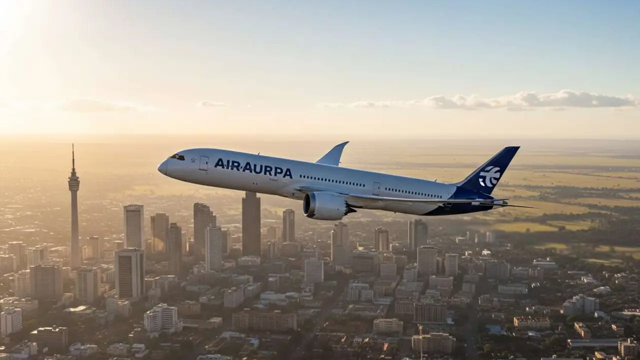  Avi&oacute;n de Air Europa aterrizando en Johannesburgo mostrando su crecimiento del 6% y expansi&oacute;n en verano &mdash; Imagen generada por IA 